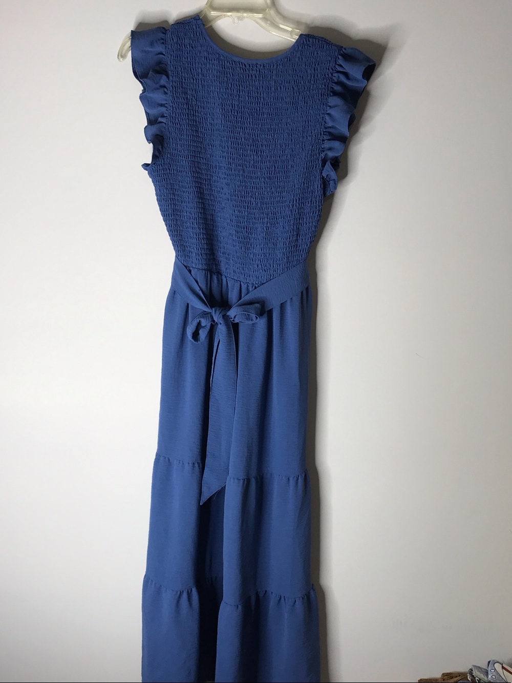 Rachel Zoe Cornflower Blue Smocked V-Neck Ruffle Sleeve Maxi Dress Large - Picture 5 of 5